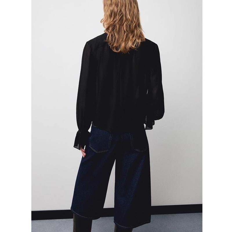Fall and Winter New Women's Clothing Fashion Wind Long Sleeves Stand Collar Ruffle Design Shoelace Shirt Tops 77059069