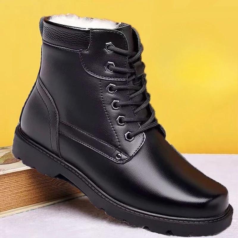 Genuine Leather Men's Winter Warm Wool Cotton Padded Lace Up High Top Snow Boots Fleece Lined Outdoor Slip Resistant