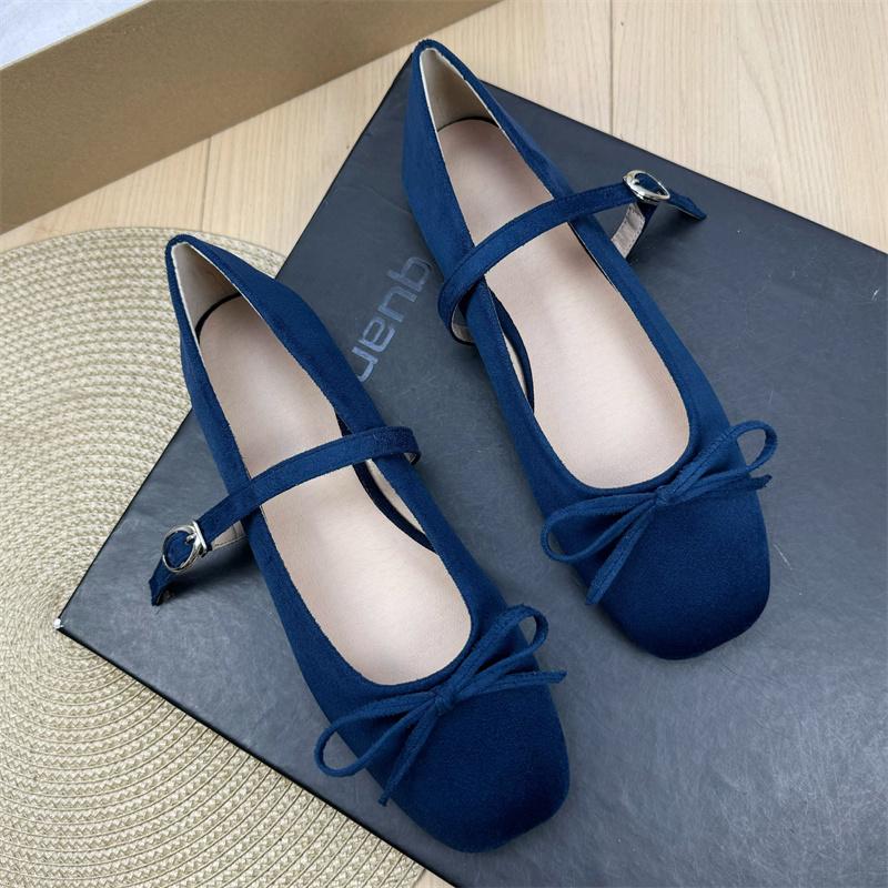 Fashion Flat Shoes for Women Suede Square Toe 2025 Spring and Autumn New Bow Flat Bottom Mary Jane Shoes Plus Size Women's Shoes 43 44