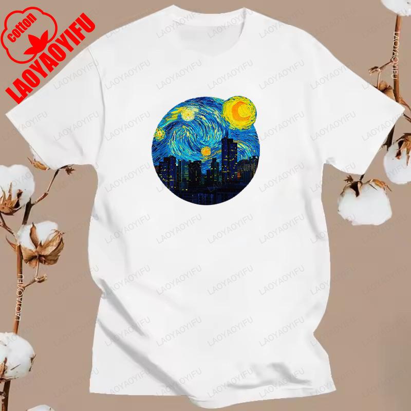 New The Great Wave on A Starry Night Cotton T Shirt Hokusai Great Wave Off Kanagawa Van Gogh Starry Night Oil Graphic T Shirts