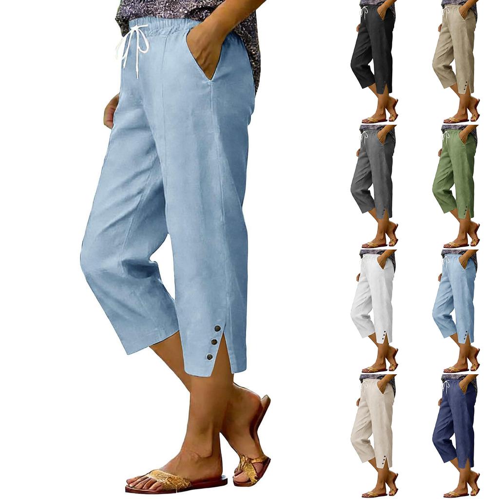 Women's Fashionable Relaxed-Fit Split-Hem Button-Decorated Casual Cotton-Linen Cropped Pants