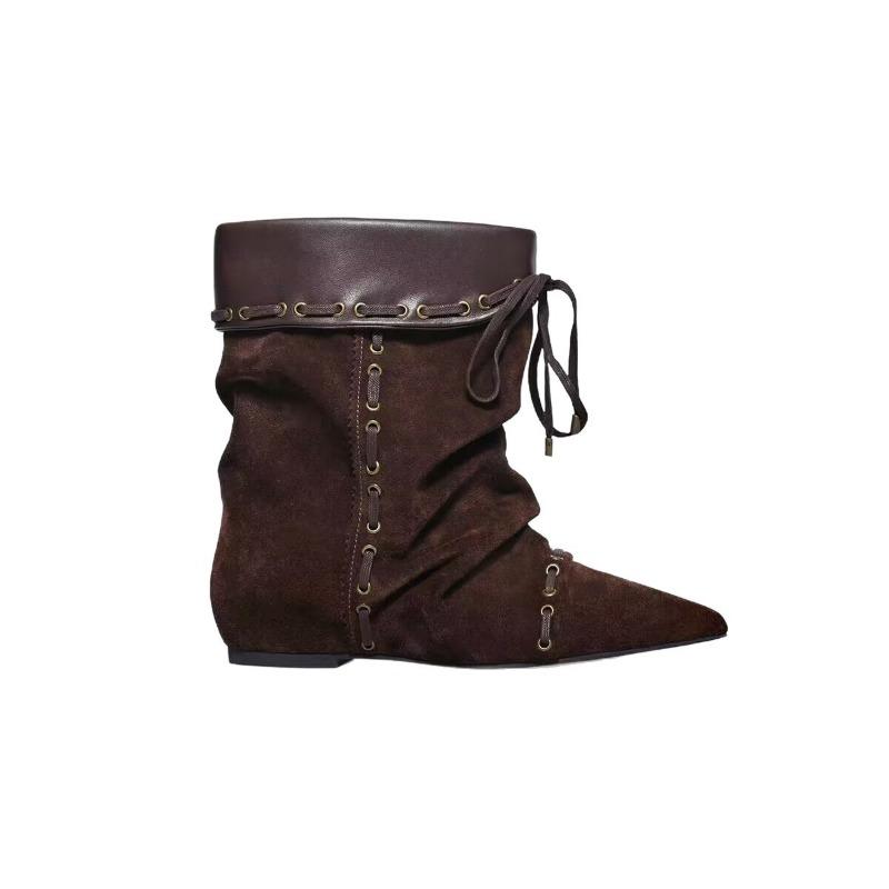 Maillard retro style two wear pointed western cowboy boots women's new fashion pleated pile boots
