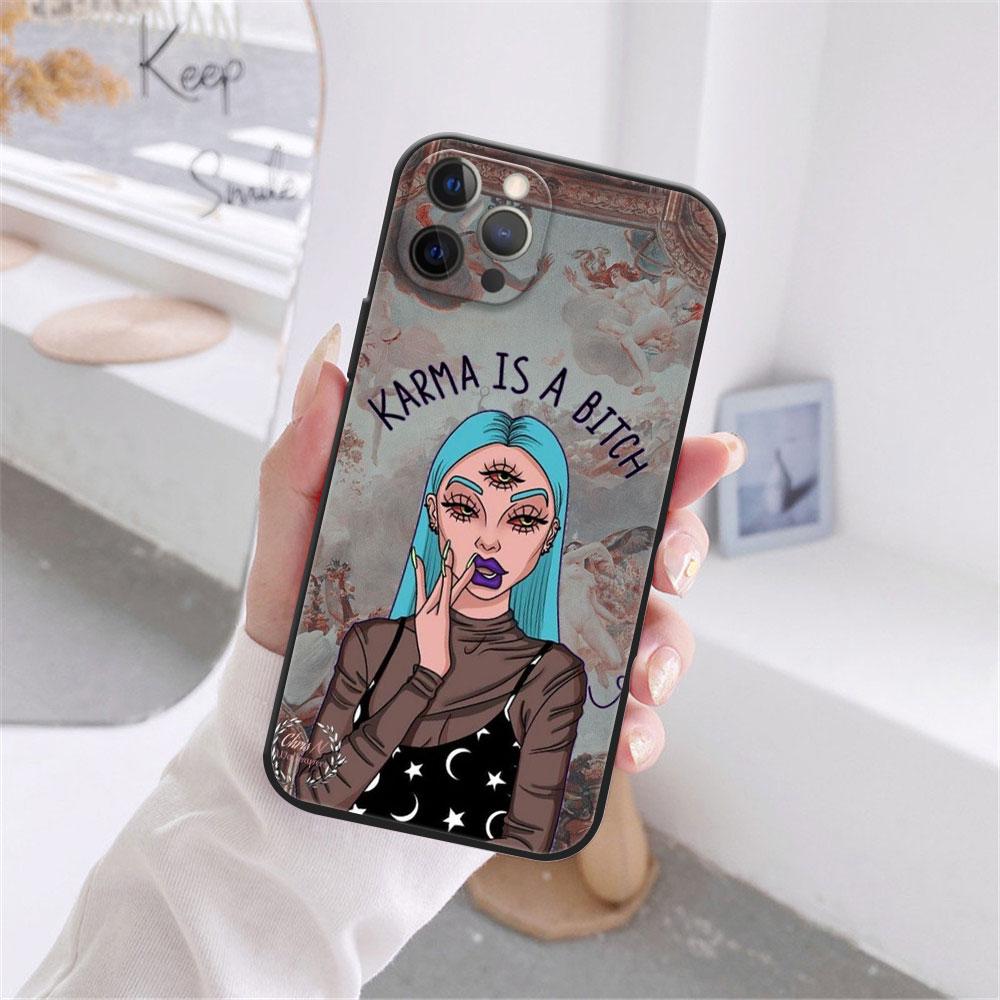 Pouzdro Fashion Devil Girl pro iPhone 12 13 11 Pro Max mini XR 7 8 Plus 2020 X Xs Max černé měkké TPU kryt