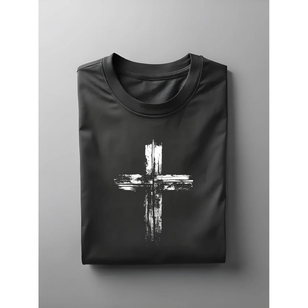 Men's Summer 100 Cotton Fashionable Casual Loose Plus Size Retro Cross Print Sports Round Neck Short Sleeved T-shirt Top