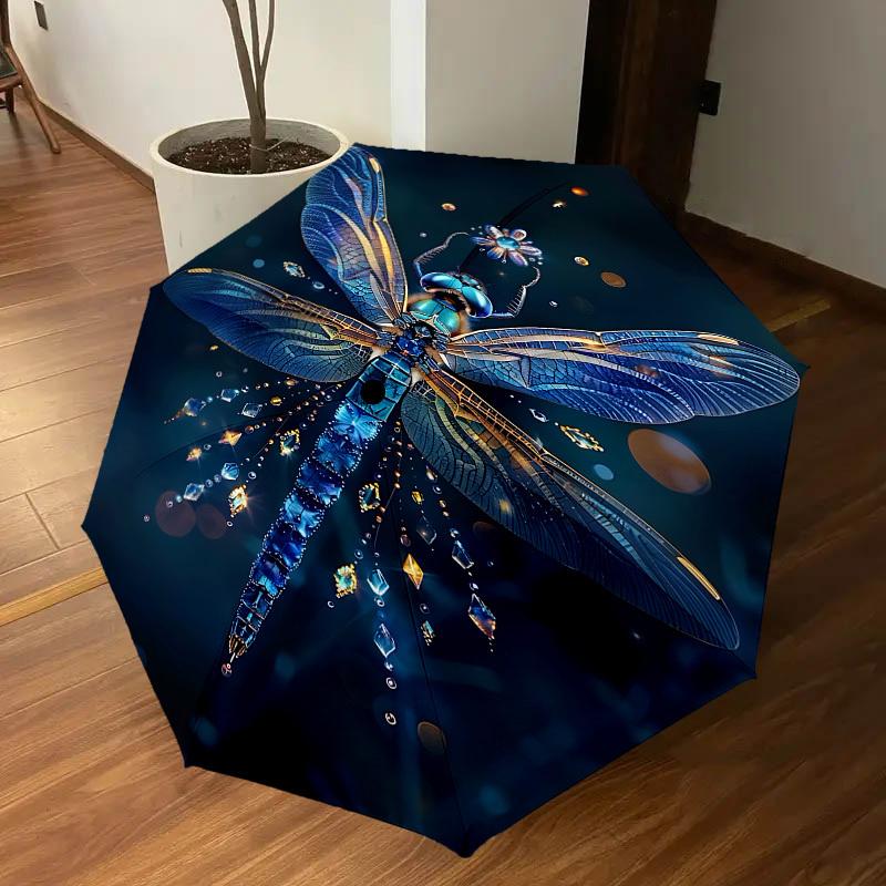1PC Dragonfly Glitter Automatic Open/Close Umbrella with Windproof, 8-Rib Sturdy Canopy, Durable Ribs, Fashionable Design, Outdoor Accessory, Fun Prin