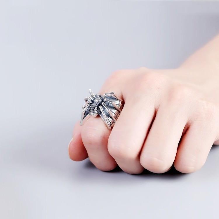 Men's Retro Distressed Thai Silver Spider Ring, Adjustable Punk Style Fashion Accessory