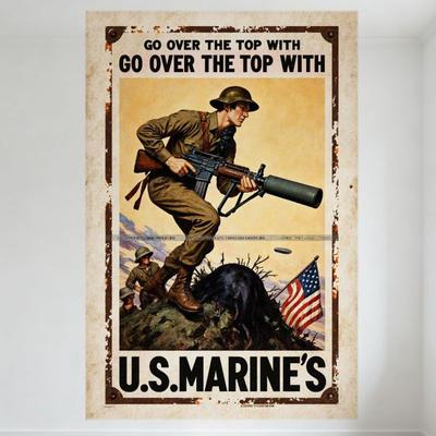 EE. UU. Vintage de la Segunda Guerra Mundial. Letrero Metálico de Reclutamiento de Marines, Marine Trepando Colina con Ametralladora, Decoración de Pared Retro de Propaganda
