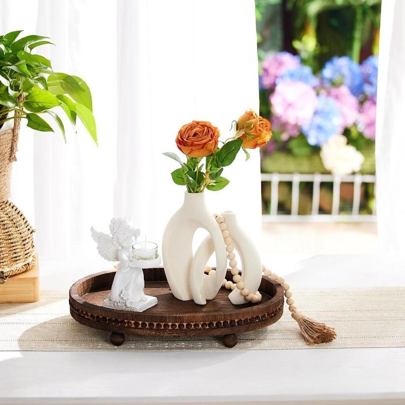 Retro Wooden Round Storage Tray Household Tea Tray Kitchen Dining Room Service Plate Multifunctional Storage Tray