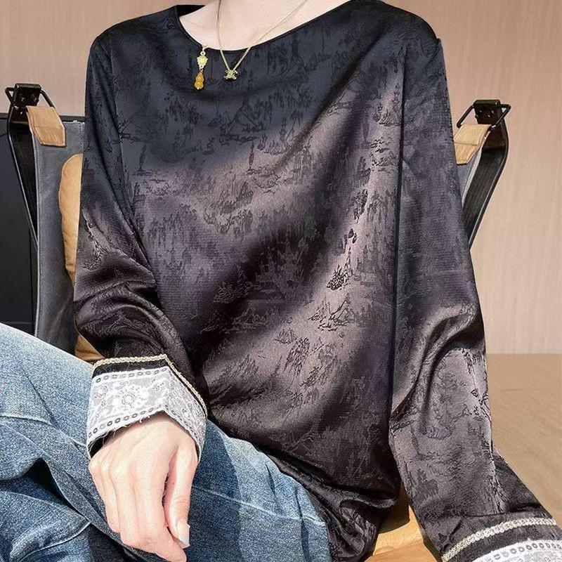Women s Elegant Jacquard Satin Embroidered Shirt - Chinese Style, Round Neck, Spring & Autumn Casual Fashion 4XL (135-145 jin) чёрный