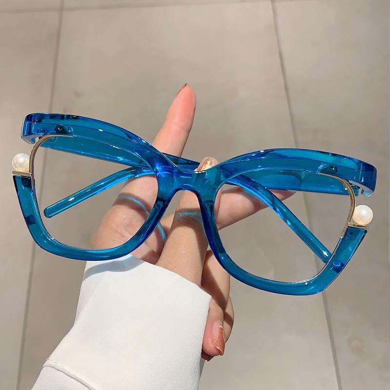 Oversized Cat Eye Women Eyeglasses with Pearls Stylish Blue Light Blocking Spectacles Trendy Multicolor Computer Eyewear