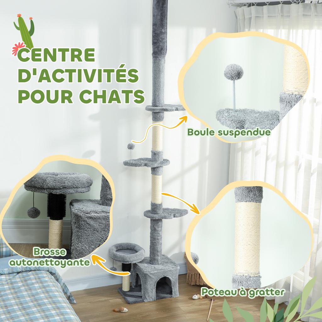 Floor-to-Ceiling Cat Tree, Height-Adjustable 225-255 Cm, Multiple Levels, Plush Covering, Grey