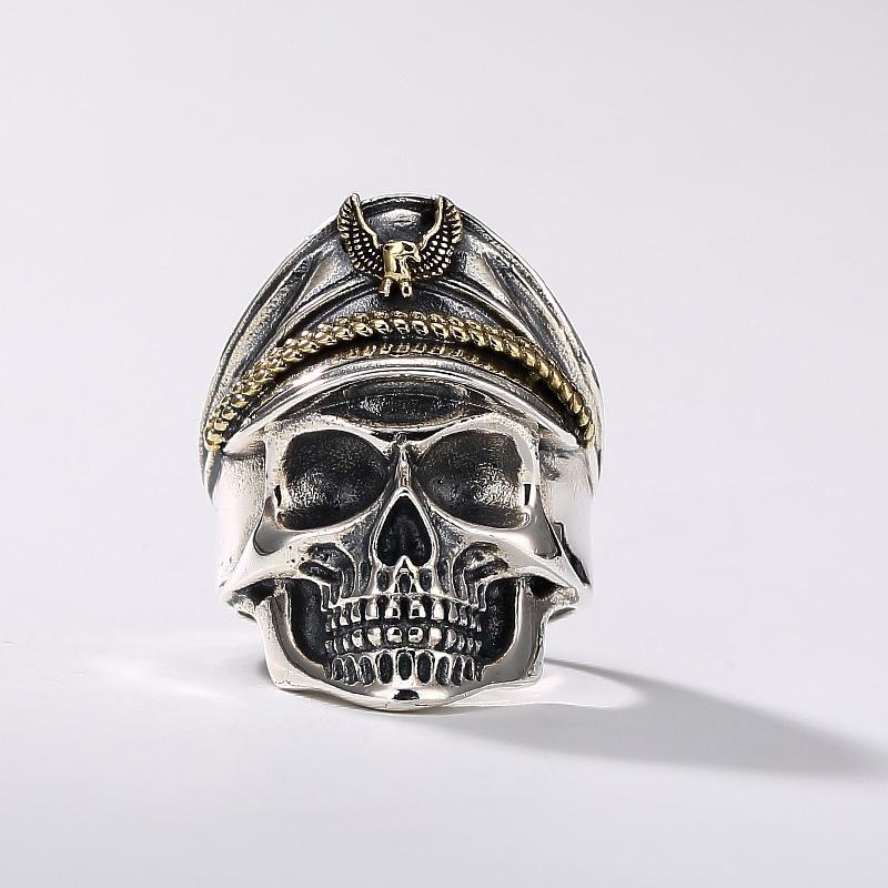 Retro Colored Navy Officer Skull Ring For Men Punk Gothic Rock Hiphop Open Ring Biker Accessories Handmade Zircon Unisex Gift