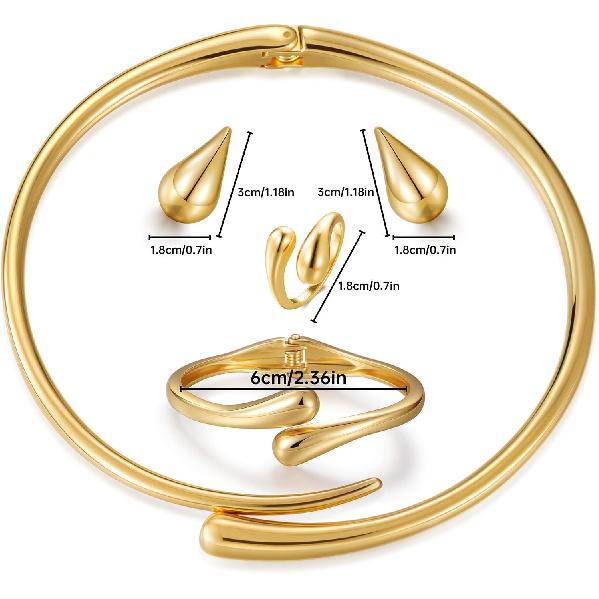 4 Pcs Gold Jewelry Set for Women, 18K Gold Plated Teardrop Necklace, Matching Drop Earrings, Cuff Bracelet and Ring Set, Chunky Dressy Accessories