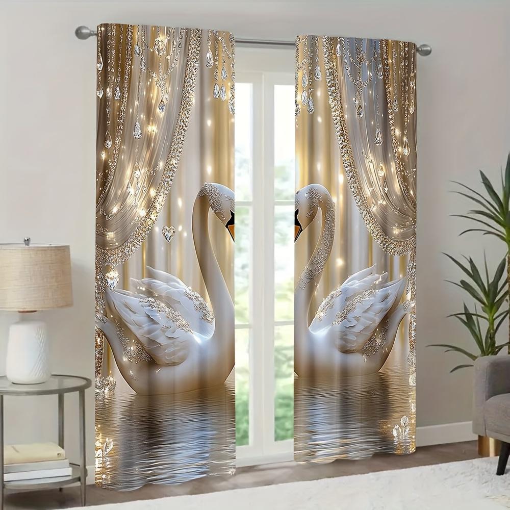 2pcs Modern Swan & Crystal Pearl Print Polyester Curtains with Rod Pocket – for Living Room   Bedroom & Office Decor