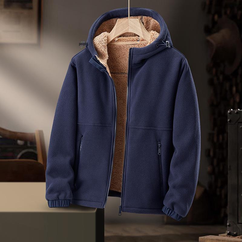 Casual Heavyweight Fleece Hooded Jacket with Lamb Fleece Lining for Autumn and Winter
