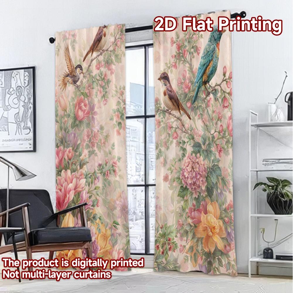 2D FLAT PRINTING 2pcs Curtains (Without Rod) Birds Among Blossoms Popular Minimalist Curtains 100% Polyester Curtains Outdoor