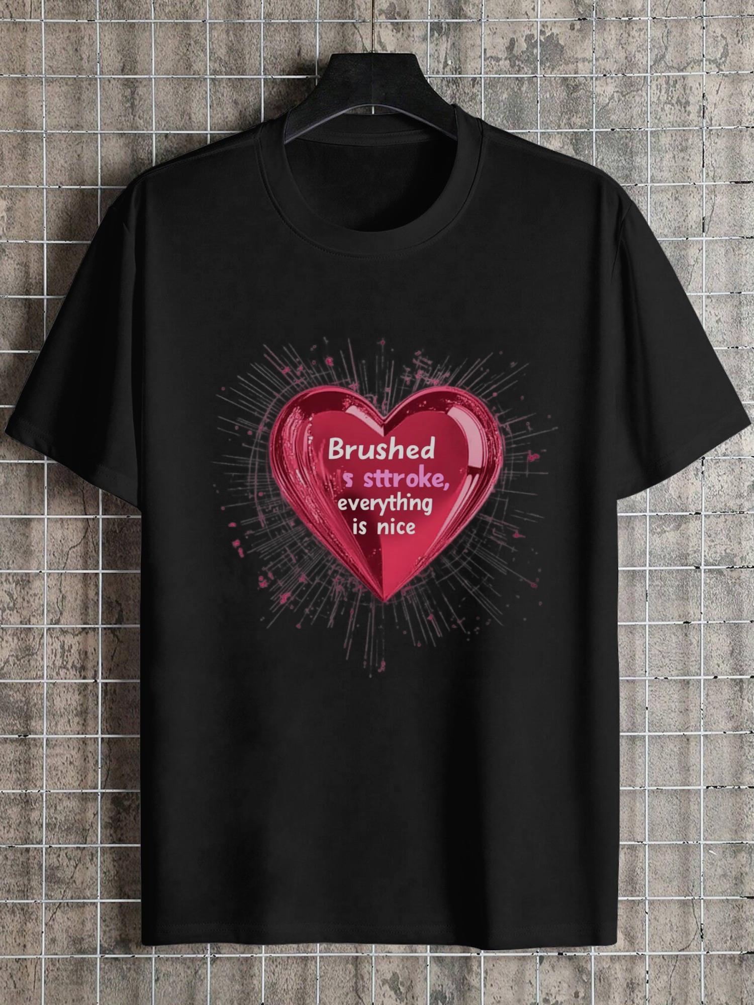 Heavyweight 180gsm Cotton T-shirt - Black Crew Neck Tee with Red Heart Graphic XXXXL