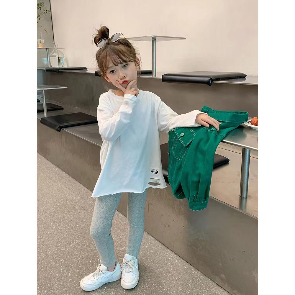 2025 Stylish Korean Autumn Long-Sleeve T-shirt for Big Kids - Pure Cotton with Ripped Design