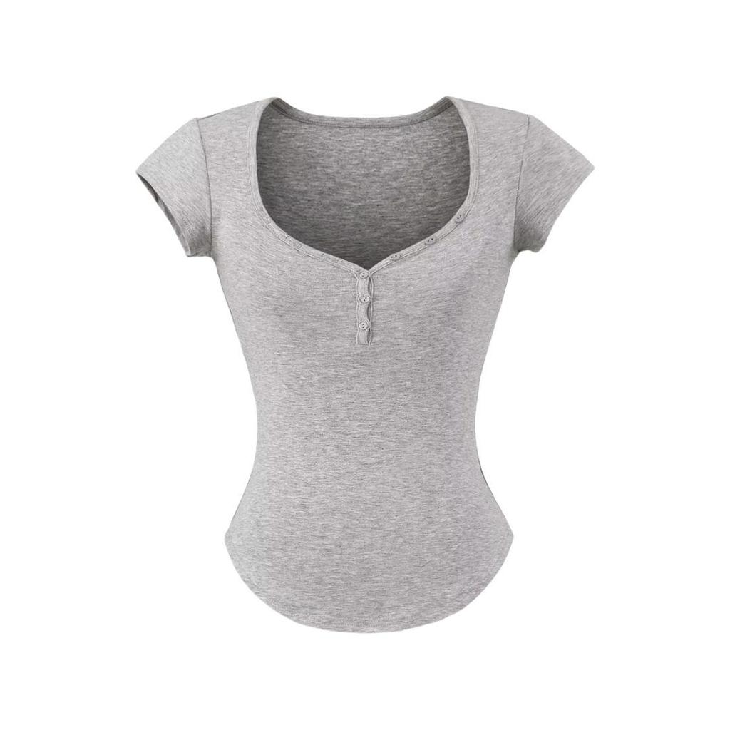 Damen Einfarbiges Slim-Fit T-Shirt mit Herzausschnitt & Gebogenem Saum