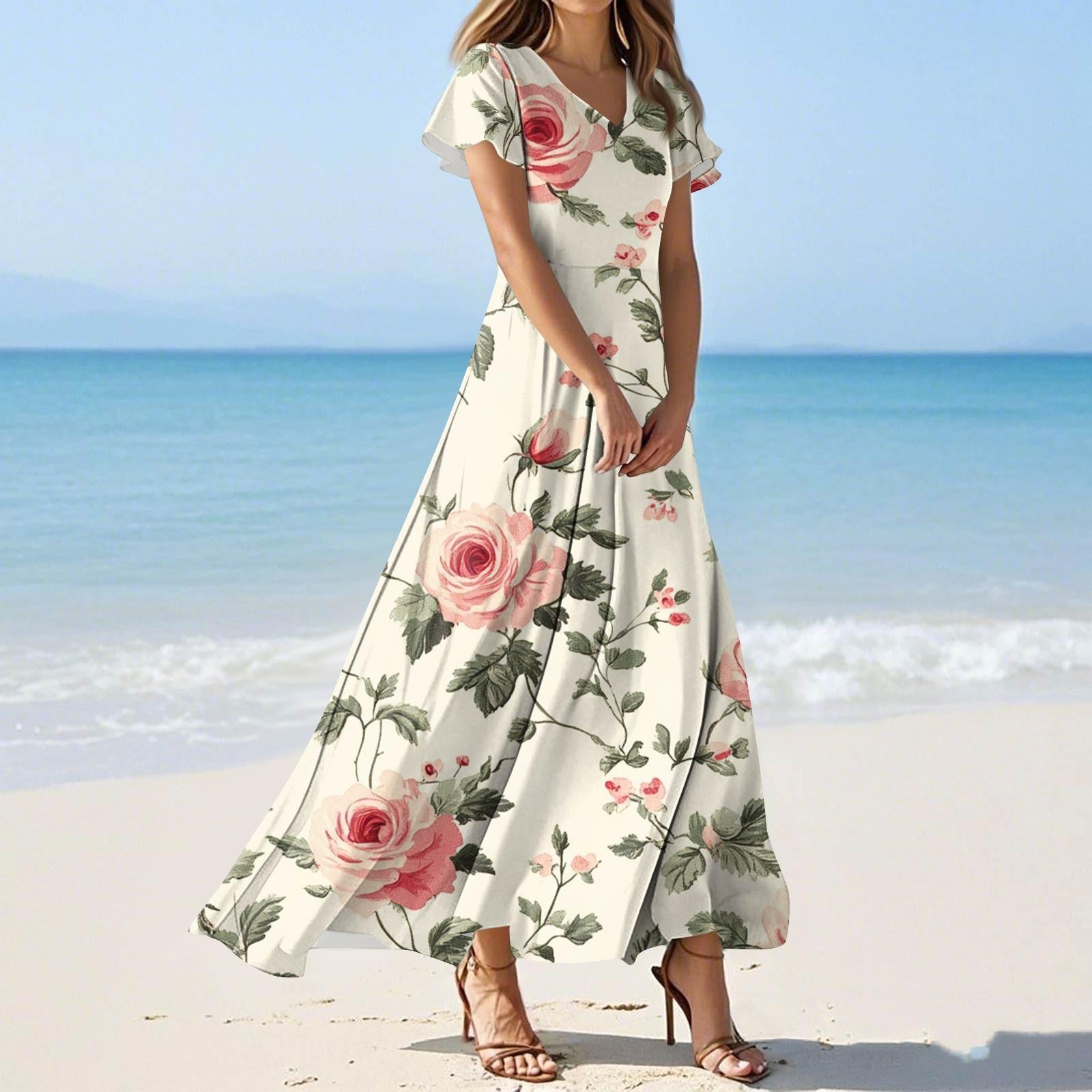 

Женские летние модные повседневные платья с цветочным принтом, платья с V-образным вырезом и коротким рукавом XXL бежевый