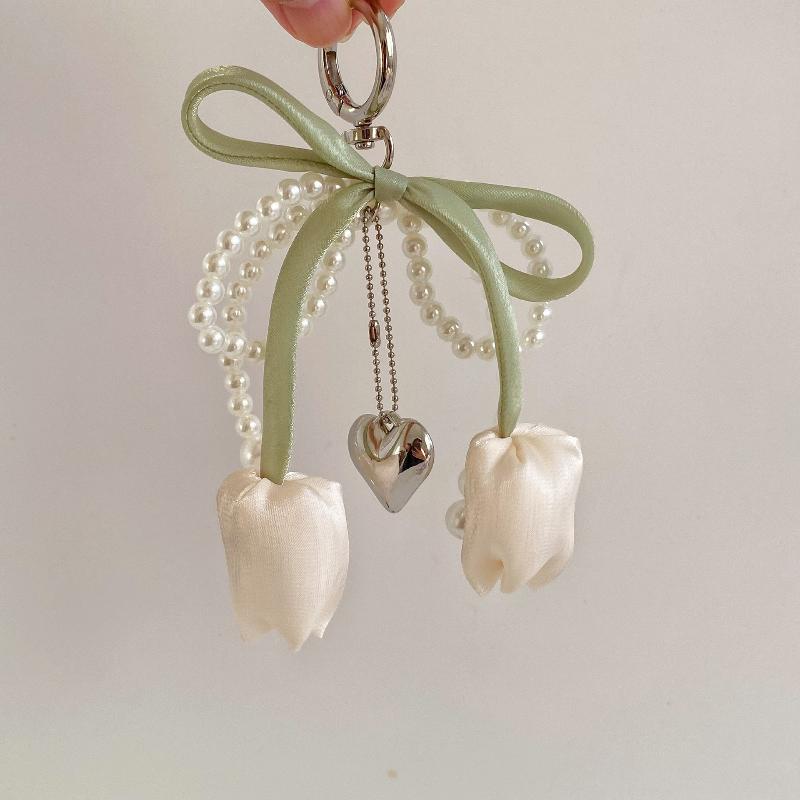 1 ks Přívěsek na tašku s mašlí, perlou a tulipánem, klíčenka, šperk pro ženy, klíčenky, DIY dekorace