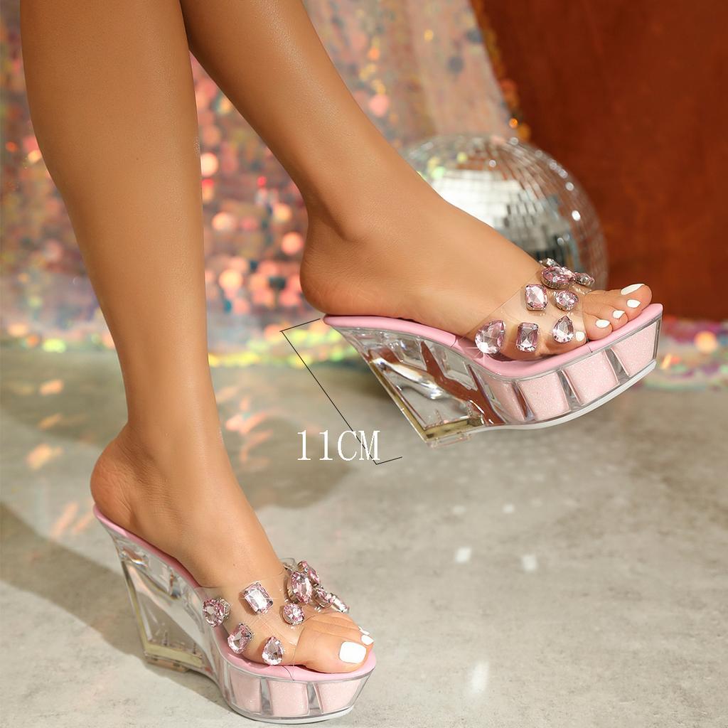 Women's Platform Sandals Sexy Wedge Heel 11CM Nightclub High Heels Trendy Shoes Show Steel Pipe Crystal Bottom LFD-1101-A48