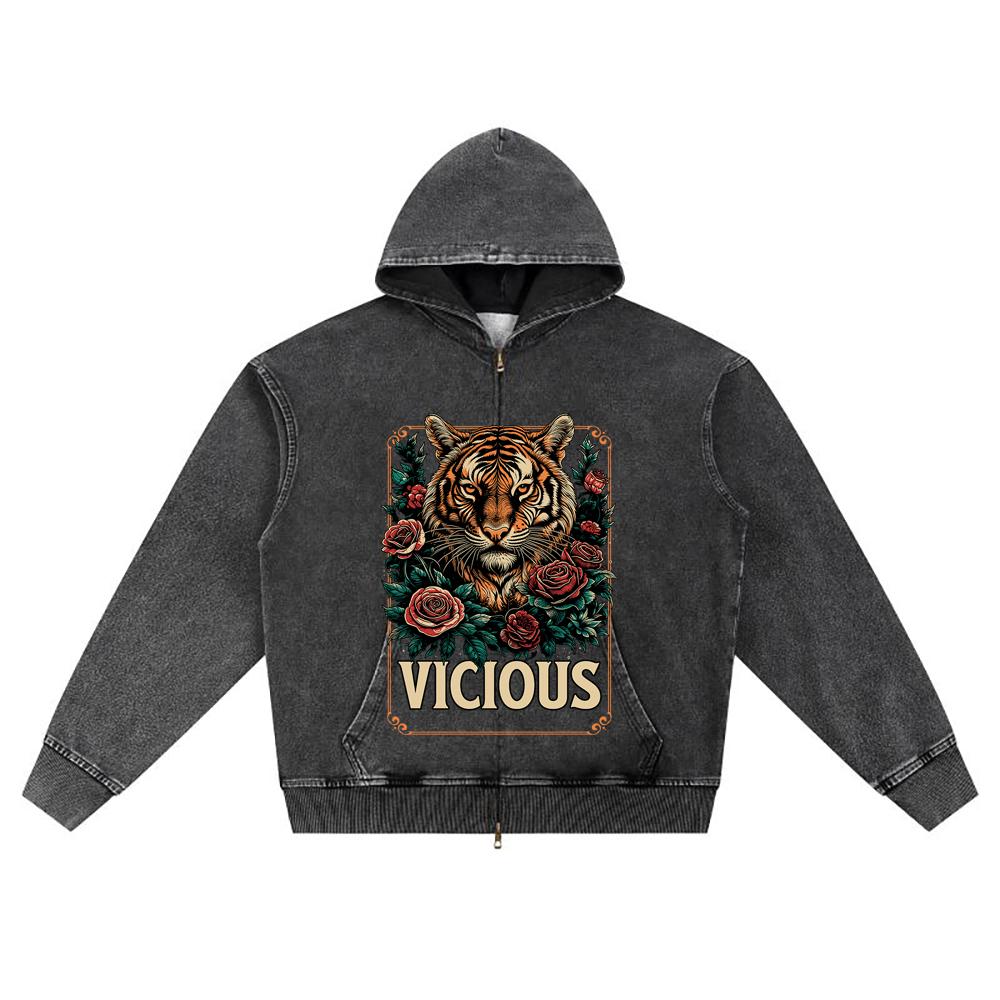 DTG print Knitted Denim Zip-Up Hoodie Vicious Rebel Wear Brother Print Zipper Hoodies