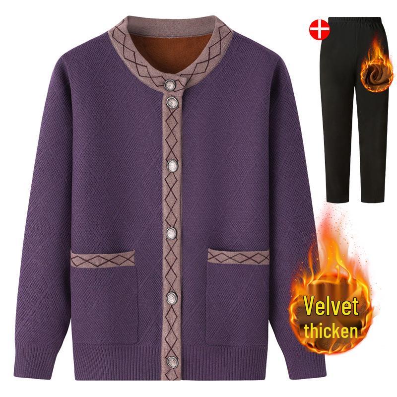 Women's Fleece-Lined Knitted Cardigan for Autumn/Winter - Ideal for Middle-Aged and Elderly.