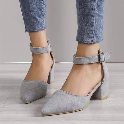 Women's Ankle Strap Chunky Heels, Pointed Toe Solid Color D'Orsay Mid Heels, Versatile