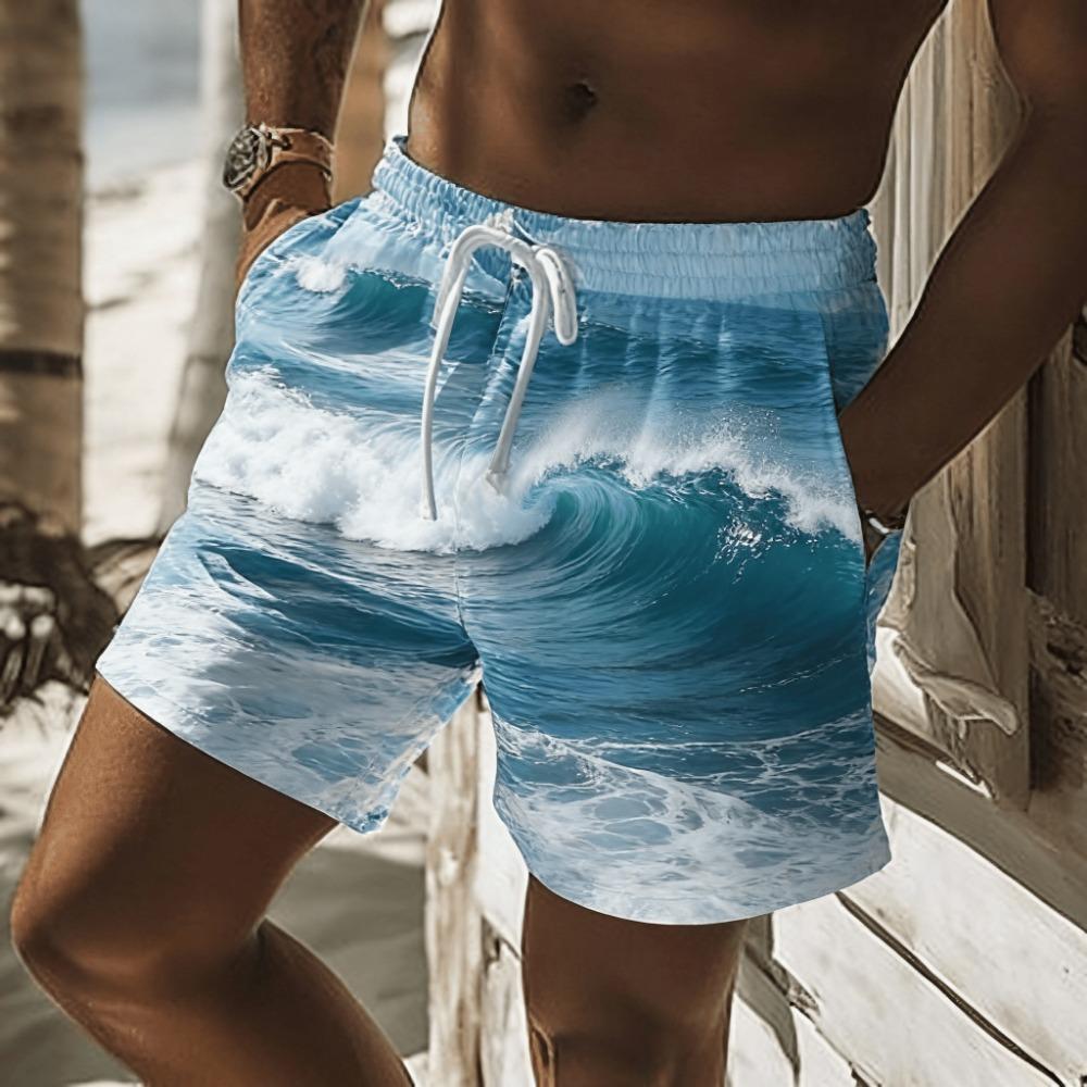 Men's Blue-White Gradient Wave Stripe Print Drawstring Shorts, Spring