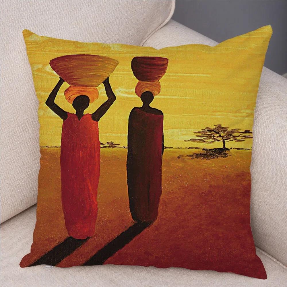 African Woman Soft Plush Cushion Cover for Sofa Home Decor Orange Abstract Painting Pillow Case Africa Life Collection Pillowcae