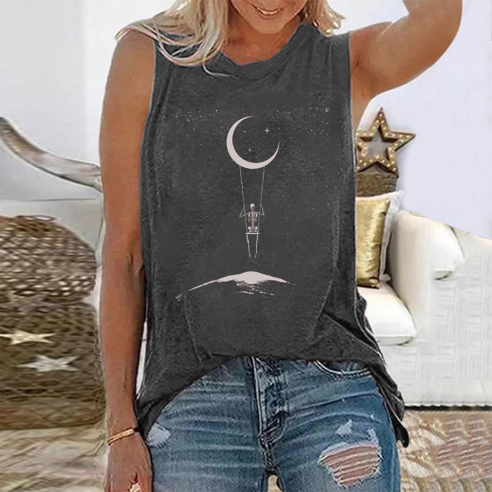 Printed women s round neck loose summer sleeveless T-shirt S