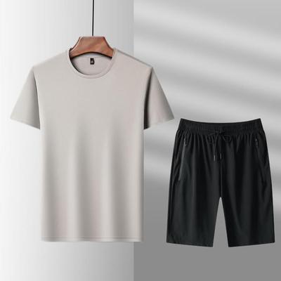 2025 Men's Summer Ice Silk Seamless Quick-Dry T-Shirt & Shorts Set - Elastic Sportswear, Round Neck, Casual 2-Piece