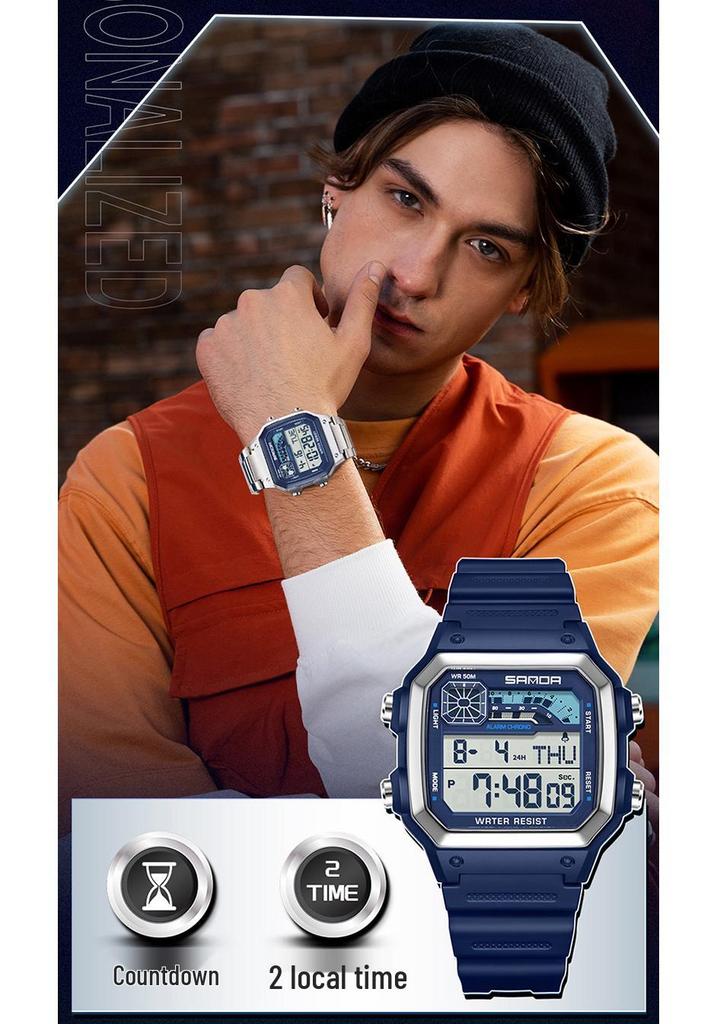 Sanda Men's Outdoor Sports Electronic Watch - Multifunctional, Waterproof, with Countdown and Snooze Feature.