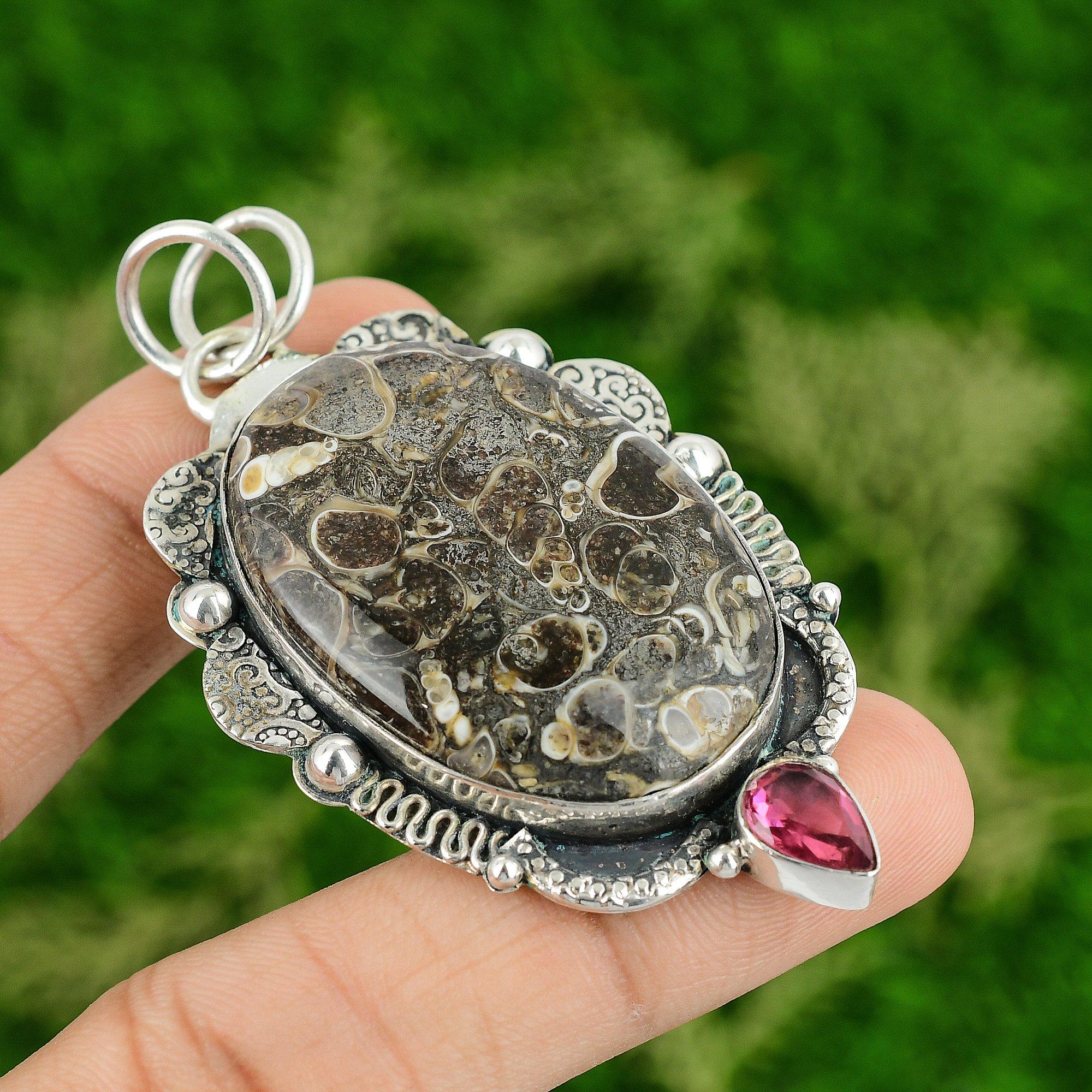 

Turritella Agate Gemstone Pink Tourmaline 925 Sterling Silver Pendant Jewelry