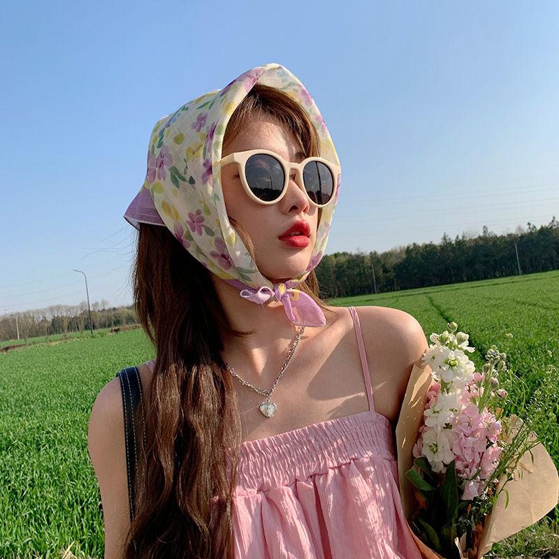 Sweet Small Square Scarf: Summer Breathable Gauze Scarf for Women Elegant Headscarf Stylish Decorative Hair Tie Floral Neck Scarf & Wrap
