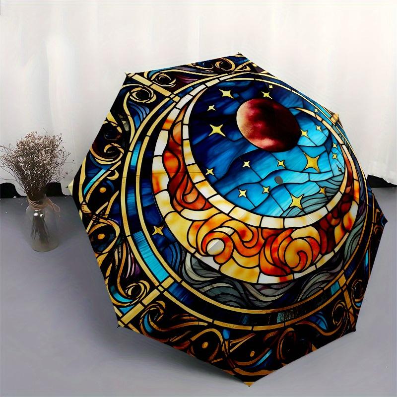 Stained Celestial Window Panel: Moonlit Night DesignUmbrella, Portable 3-Fold Compact Umbrella for Men & Women Gift