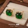 Green Square Crystal Vintage 925 Silver Earrings - Retro Luxury Studs for Women