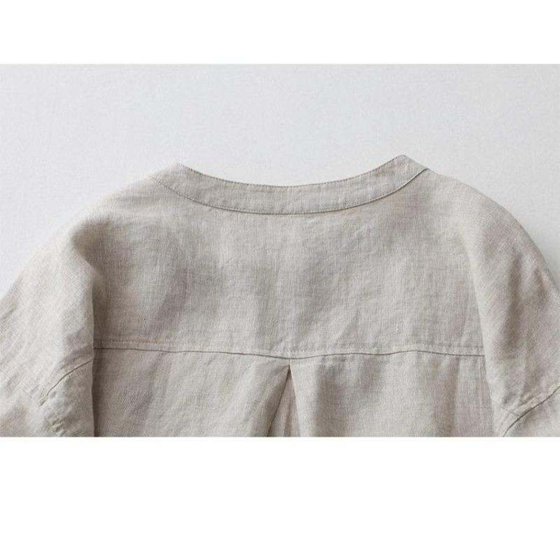 Japanese Cotton and Linen Shirt Women's Solid Color Versatile Casual Round Neck Seven Quarter Sleeved Shirt