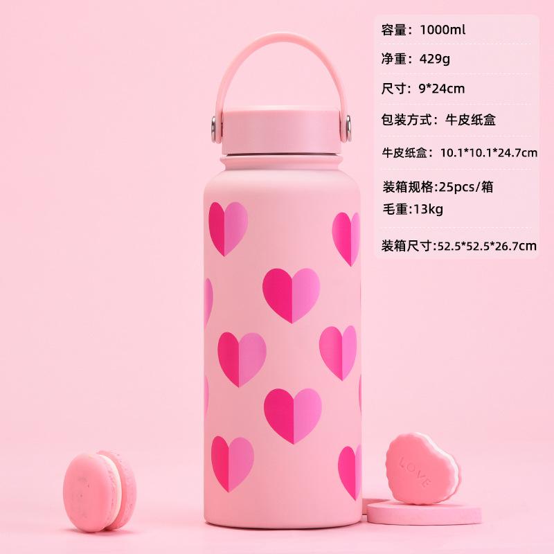 Edelstahl Thermobecher mit Strohhalm, Milchteebecher, Kaffeebecher, Valentinstagsset, Tragbarer Griff Sportwasserbecher