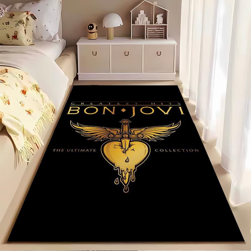 Bon Jovi logo with gold heart and wings. Non-slip rug suitable for living room and bedroom sofas.