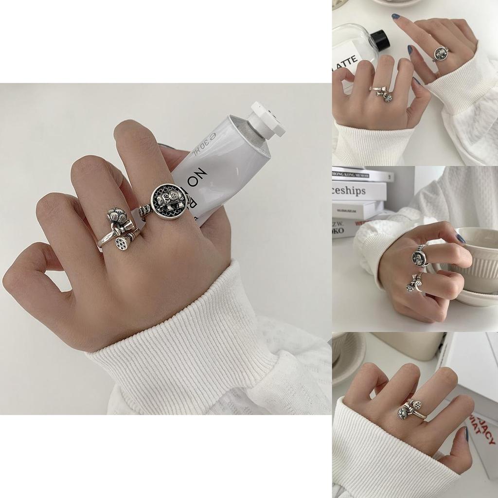Artistic 925 Silver Open Ring With Vintage Elephant And Rose Pendant For Unique Gifts