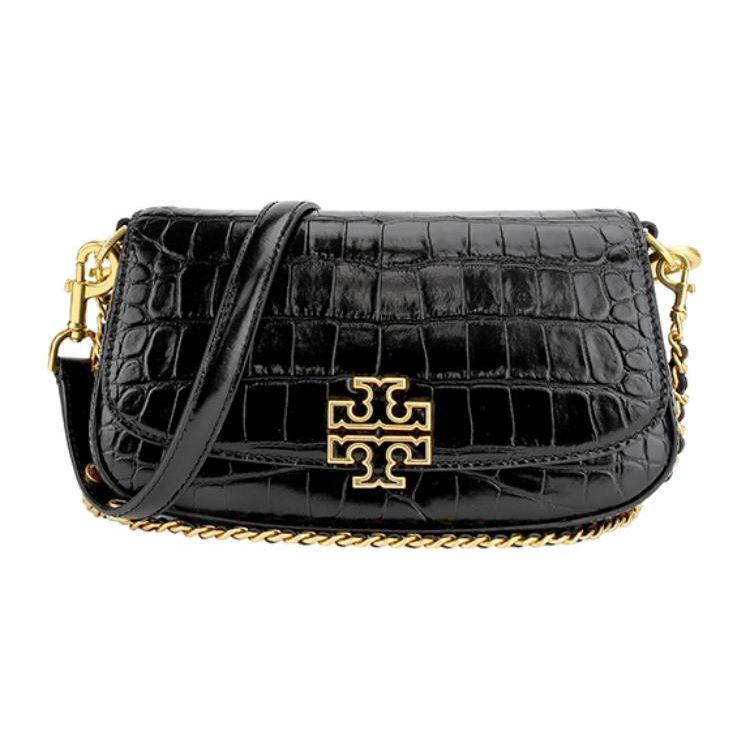 

Tory Burch Britten Detachable Chain Crocodile Pattern Leather Underarm Bag Baguette Handheld Crossbody Shoulder Bag Women bags Black 141015-001 Basic Set (Bag+Dust Bag)