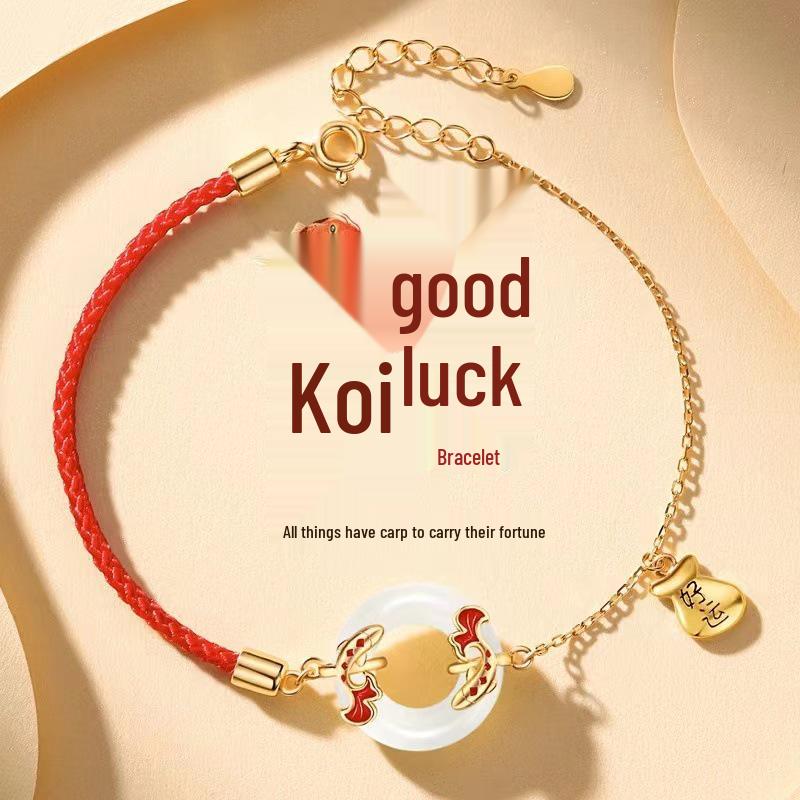 Koi & Hetian Jade Ping'an Buckle Bracelet: 2024 Stylish Red Rope with Auspicious Symbol, Perfect Gift for Women.