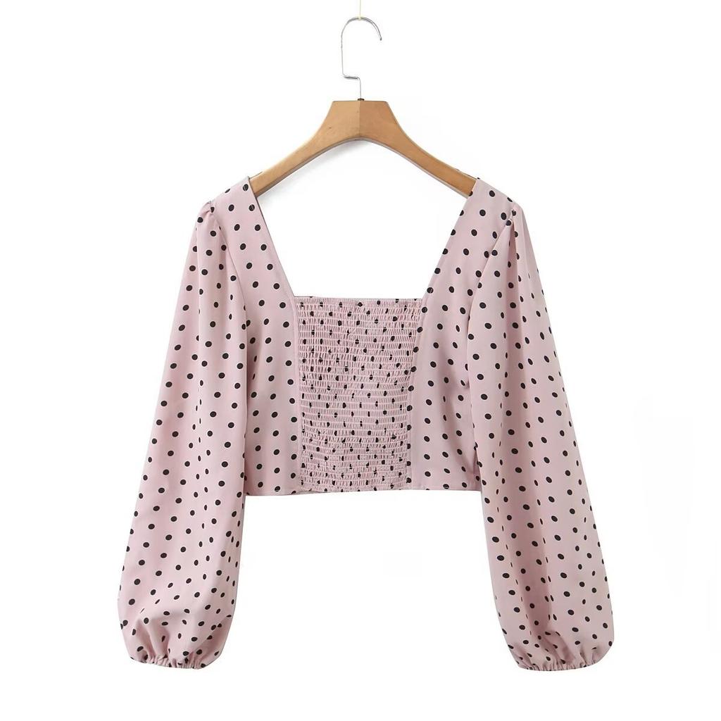 European and American style, new women's fashion, fashionable style, puff sleeve square neck fishbone mini top