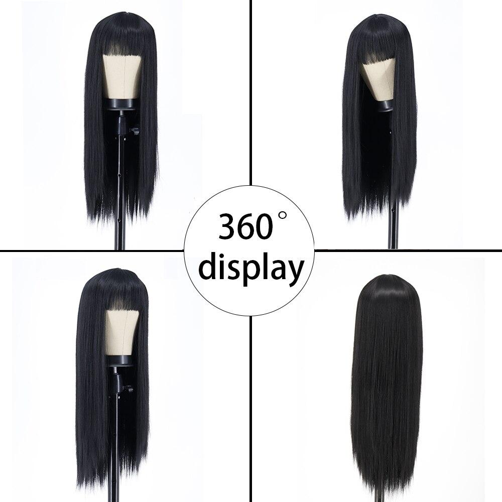 MISS WIG Lange gerade schwarze Perücke mit Pony, Kunsthaar-Perücken, Knall mit Perücke für Frauen, Weinrot, Gold, hitzebeständige Perücken