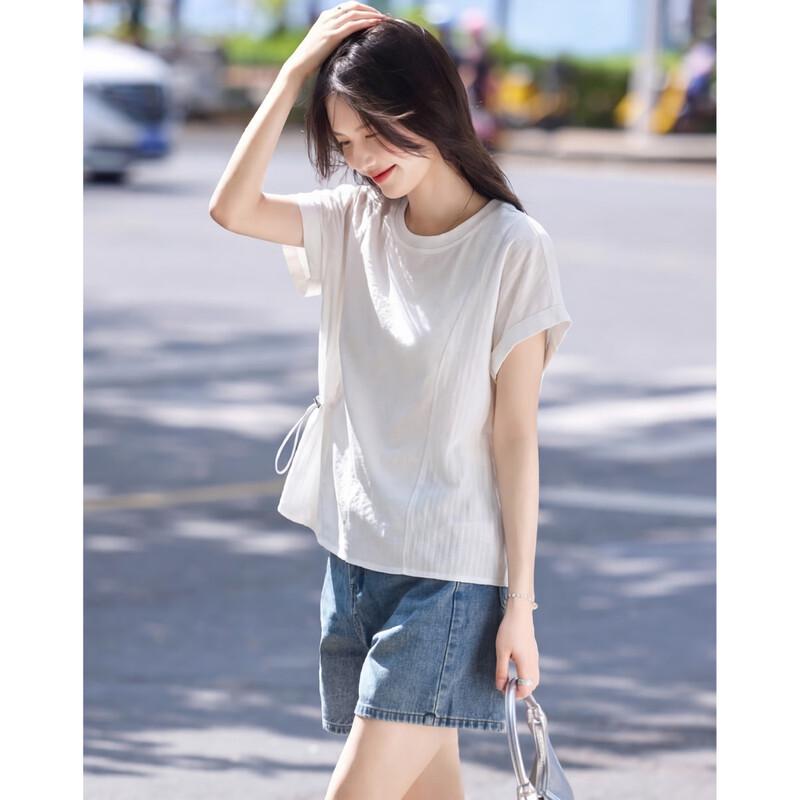 Cloud Cotton Spliced Drawstring Short Sleeve T-Shirt