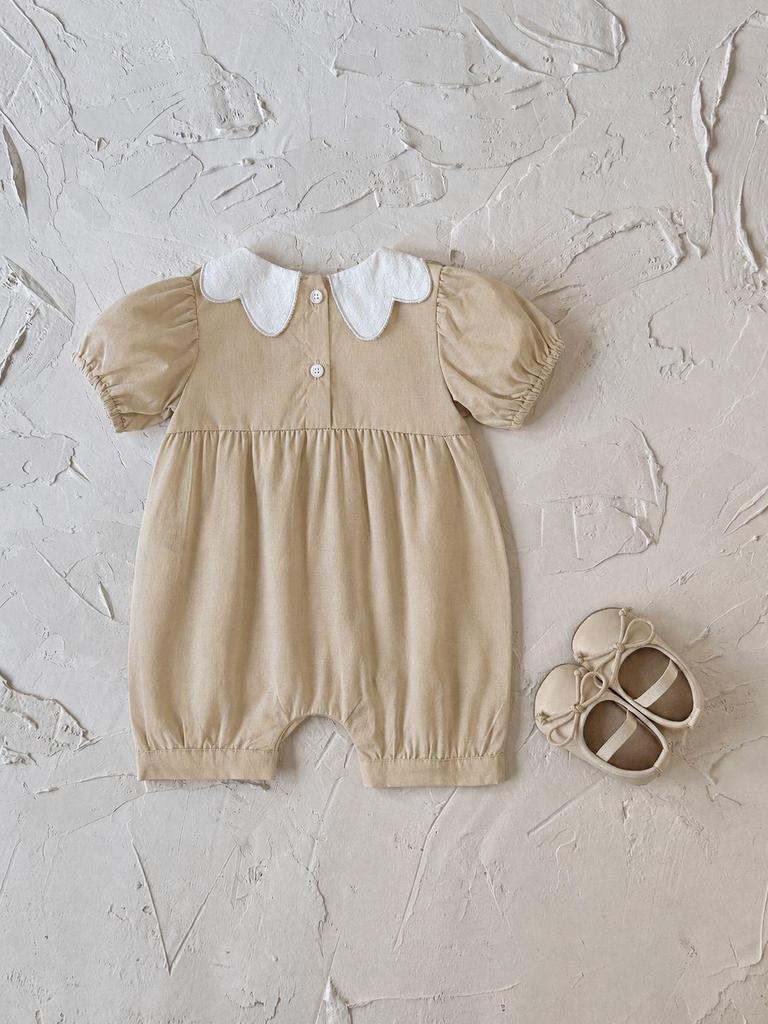 Floral Print Khaki Newborn Romper with Doll Collar - Summer Outdoor Jumpsuit