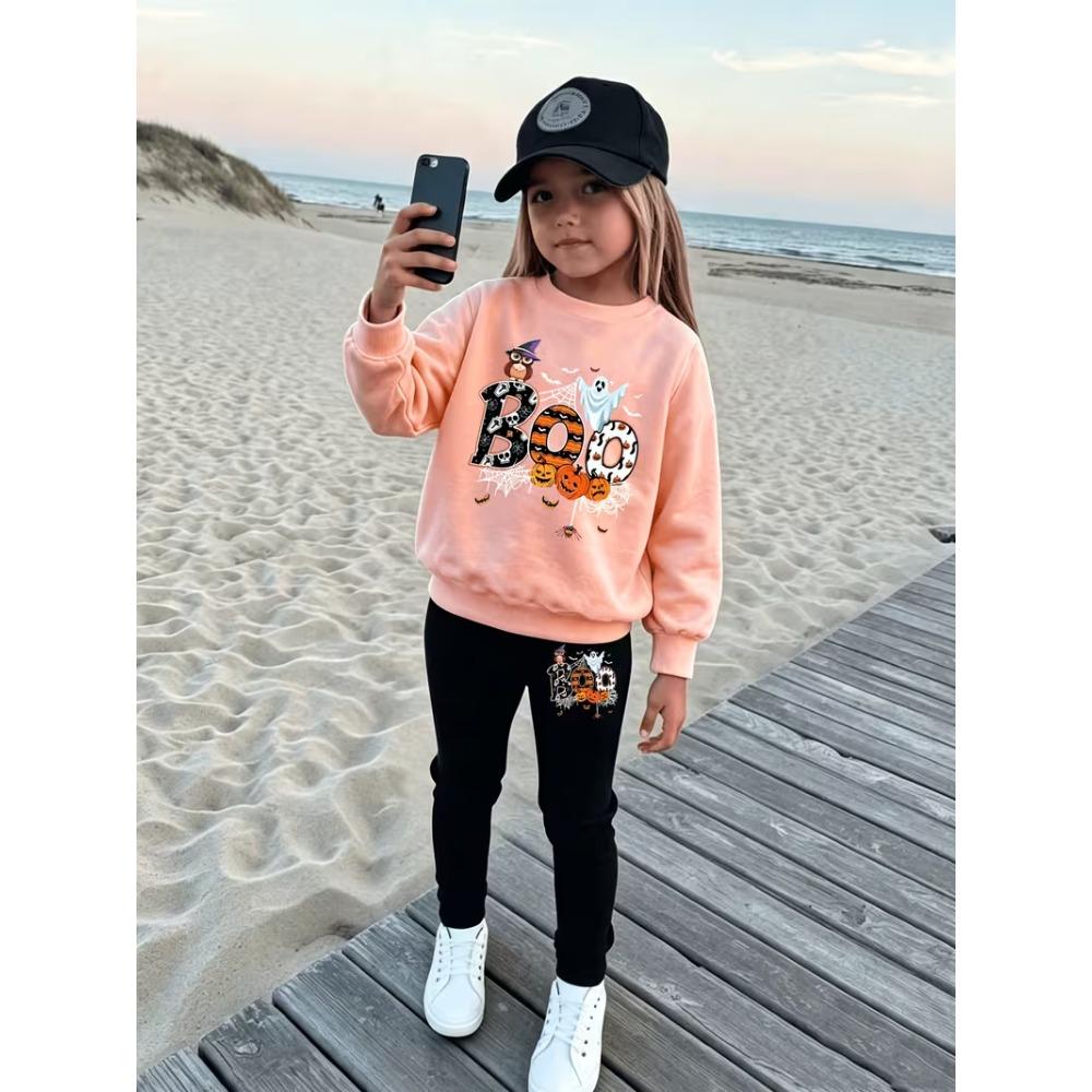 Girls' Halloween Boo Casual Comfortable Soft Loose Pullover Sweatshirt and Leggings 2-Piece Set, New Autumn/Winter, Playful, Sweet and Cool Style