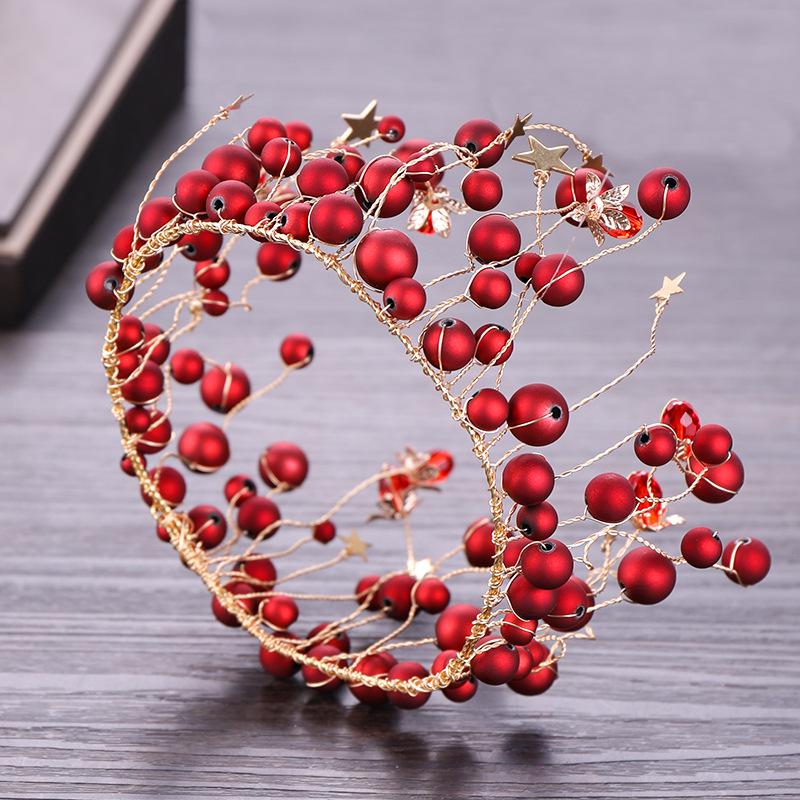 Red Crown Pearl Headdress for Weddings and Birthdays